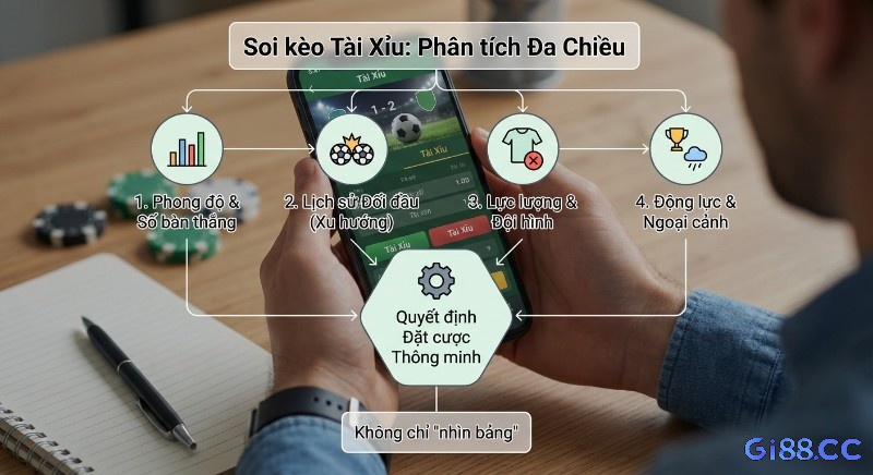 Sơ đồ phân tích đa chiều các yếu tố quan trọng trong cách đánh tài xỉu bóng đá, không chỉ nhìn bảng, để đưa ra quyết định đặt cược thông minh