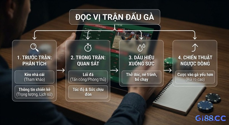 Quy trình 4 bước đọc vị trận đấu gà: phân tích kèo, quan sát lối đá, nhận diện dấu hiệu xuống sức và chiến thuật ngược dòng