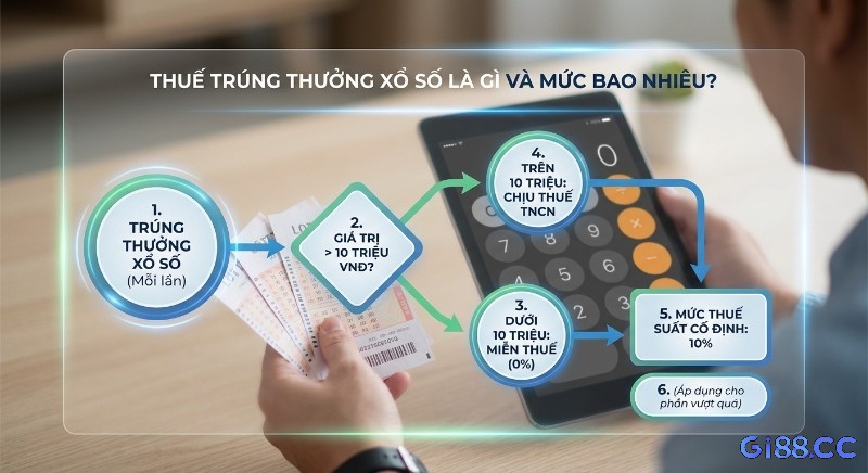 Sơ đồ hướng dẫn tính thuế trúng thưởng xổ số chi tiết, giải thích mức thuế TNCN 10% áp dụng cho phần vượt 10 triệu VND