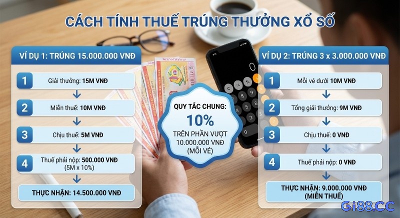 Sơ đồ hướng dẫn cách tính thuế trúng thưởng xổ số, ví dụ thực chiến áp dụng quy tắc 10% trên phần vượt 10 triệu đồng mỗi vé