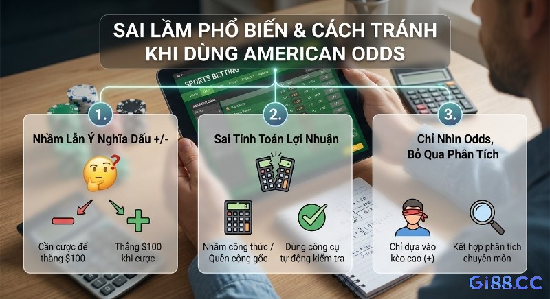 Checklist 3 sai lầm thường gặp khi dùng American Odds: Nhầm dấu +/- , tính toán lợi nhuận sai và bỏ qua phân tích chuyên sâu