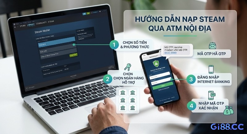 Quy trình 4 bước hướng dẫn nạp tiền ví Steam Wallet qua thẻ ATM nội địa bằng Internet Banking, bao gồm chọn số tiền và xác nhận OTP trên điện thoại