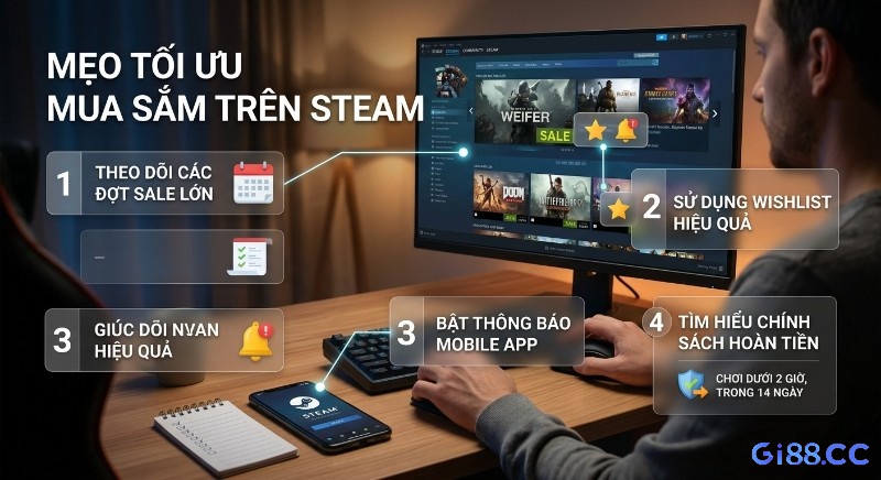 Checklist 4 mẹo săn sale, và tối ưu mua sắm trên Steam: theo dõi sale lớn, dùng Wishlist, bật thông báo, nắm rõ hoàn tiền dưới 2 giờ/14 ngày