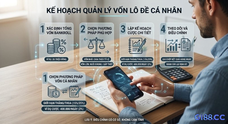 Hướng dẫn 4 bước xây dựng kế hoạch quản lý vốn chơi lô đề cá nhân, từ xác định bankroll 20 triệu đến lập cược 400.000/ngày và điều chỉnh