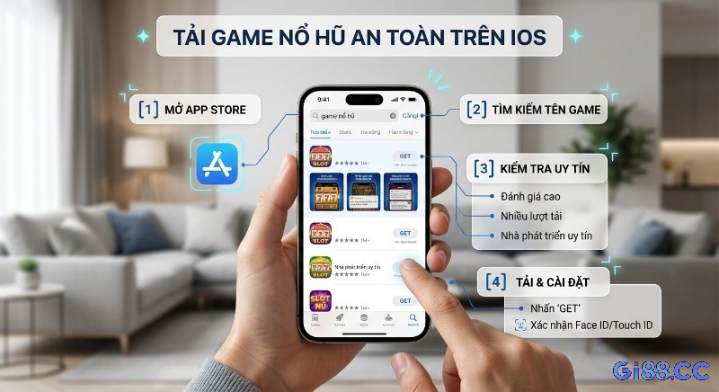 Quy trình 4 bước hướng dẫn tải game nổ hũ cho ios an toàn trên iOS qua App Store, bao gồm mở ứng dụng, tìm kiếm, kiểm tra uy tín, tải về