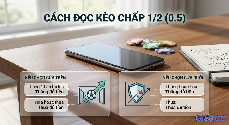 Bảng hướng dẫn cách đọc kèo chấp 1/2 (0.5) Châu Á, giải thích kết quả thắng hoặc thua đủ tiền khi chọn cửa trên/dưới