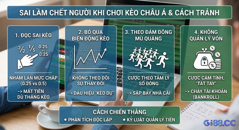 Checklist 4 sai lầm cần tránh khi chơi kèo Châu Á: đọc sai kèo (0.25 vs 0.5), bỏ biến động, theo đám đông, không quản lý vốn; cùng 2 cách chiến thắng