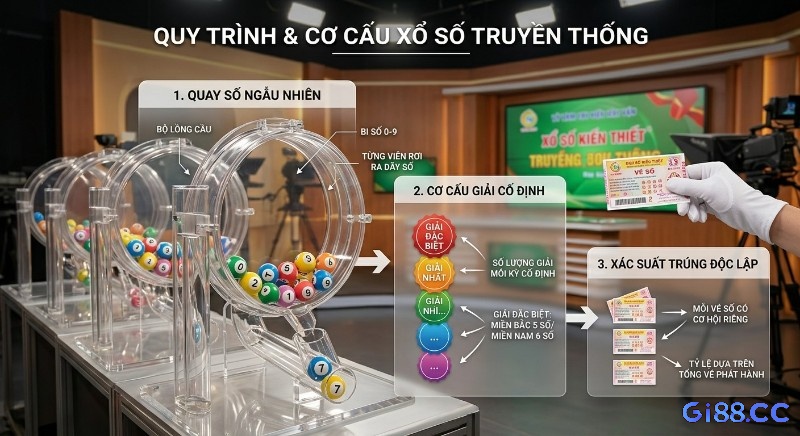 Quy trình 3 bước vận hành xổ số truyền thống: quay số ngẫu nhiên, cơ cấu giải thưởng cố định và xác suất trúng độc lập cho mỗi vé trong tỷ lệ trúng xổ số truyền thống