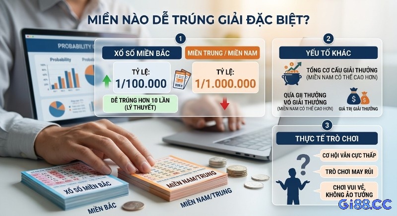 Infographic so sánh tỷ lệ trúng xổ số giải đặc biệt miền Bắc (1/100.000) và miền Trung/Nam (1/1.000.000), nhấn mạnh cơ hội cực thấp và chơi giải trí