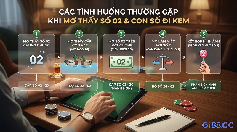 Kịch bản giải mã, giấc mơ đề về 02 đánh con gì: thấy chung chung (02-20), cặp vịt ngỗng (22-62), trên tiền/biển số (02-20), làm việc với số 2 (28-82), kẹo mút số 2