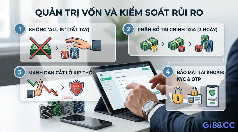 Chiến thuật quản trị vốn và kiểm soát rủi ro với 4 bước: không tất tay, phân bổ tài chính 1:2:4, cắt lỗ kịp thời, bảo mật KYC & OTP