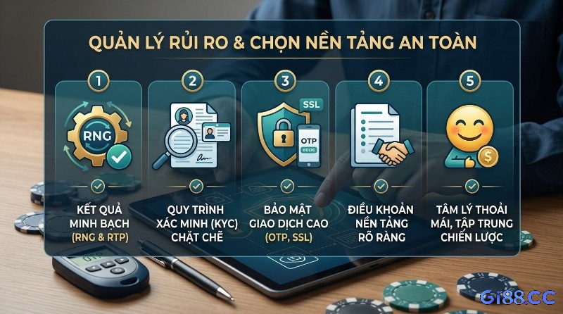 Quản lý rủi ro và chọn nền tảng an toàn với 5 yếu tố: kết quả minh bạch (RNG, RTP), KYC, bảo mật giao dịch (OTP, SSL), điều khoản rõ ràng, tâm lý thoải mái