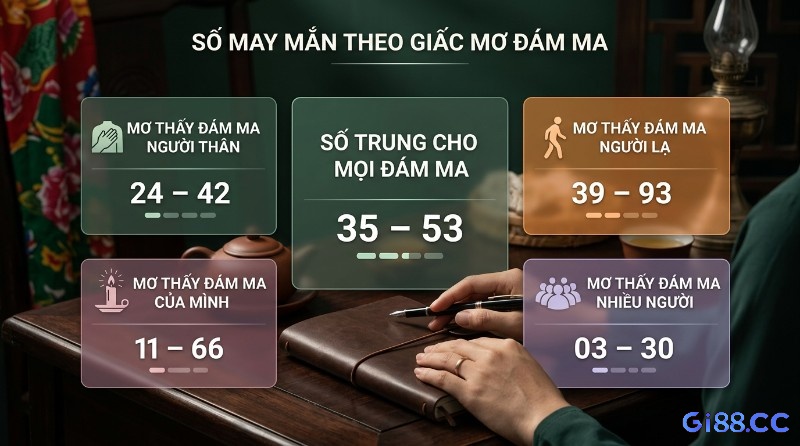 Số may mắn theo giấc mơ đám ma: số chung 35-53, người thân 24-42, người lạ 39-93, của mình 11-66, nhiều người 03-30