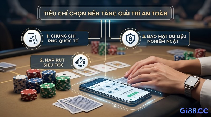 Tiêu chí chọn nền tảng giải trí an toàn với chứng chỉ RNG quốc tế, nạp rút siêu tốc, bảo mật dữ liệu nghiêm ngặt, hiển thị trên bàn poker