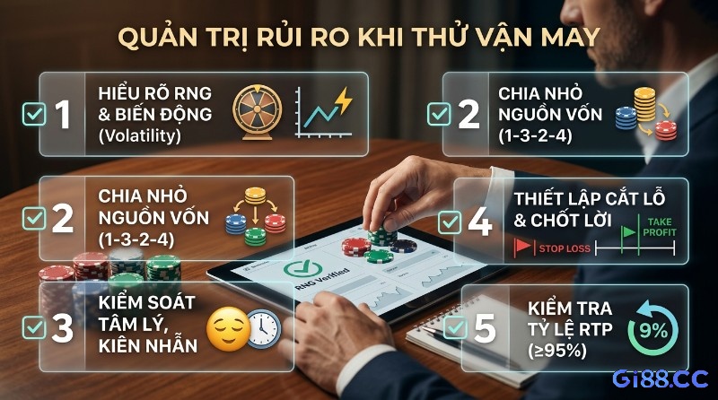 Quản trị rủi ro khi thử vận may: người chơi đặt chip, tuân thủ 5 nguyên tắc hiểu RNG, chia vốn, kiểm soát tâm lý, cắt lỗ/chốt lời, kiểm tra RTP