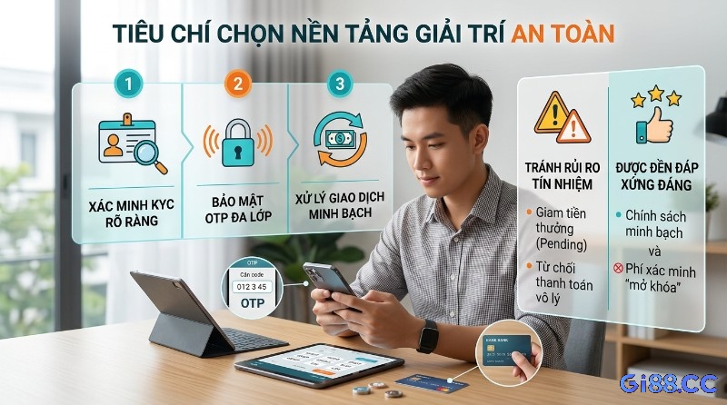 Tiêu chí chọn nền tảng giải trí an toàn với KYC rõ ràng, bảo mật OTP đa lớp, xử lý giao dịch minh bạch, tránh giam tiền thưởng và phí xác minh