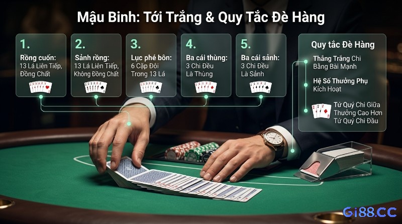 Thứ tự Mậu Binh tới trắng và quy tắc đè hàng: người chơi chia bài, hiển thị Rồng cuốn, Sảnh rồng, Lục phé bôn, Ba cái thùng, Ba cái sảnh; quy tắc đè hàng Tứ quý chi giữa