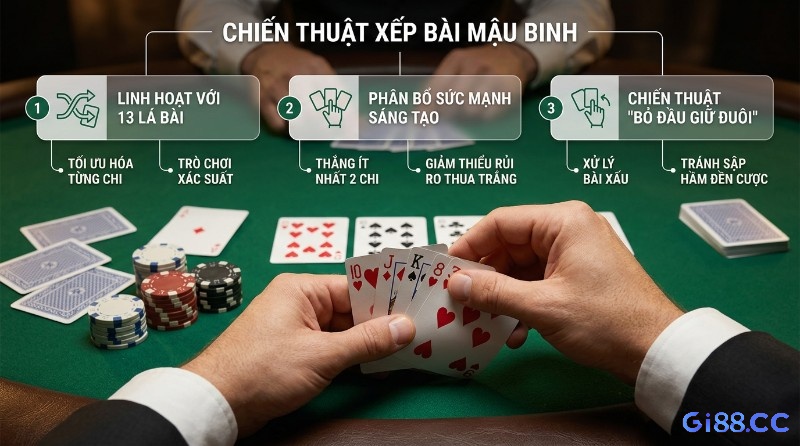 Chiến thuật xếp bài thứ tự Mậu Binh,: linh hoạt 13 lá bài, tối ưu hóa từng chi, phân bổ sức mạnh, giảm rủi ro thua trắng và Bỏ đầu giữ đuôi trên bàn
