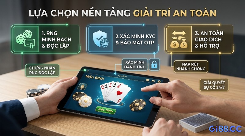 Lựa chọn nền tảng giải trí an toàn với RNG minh bạch, xác minh KYC, bảo mật OTP, giao dịch nhanh chóng và hỗ trợ 24/7 khi chơi Mậu Binh